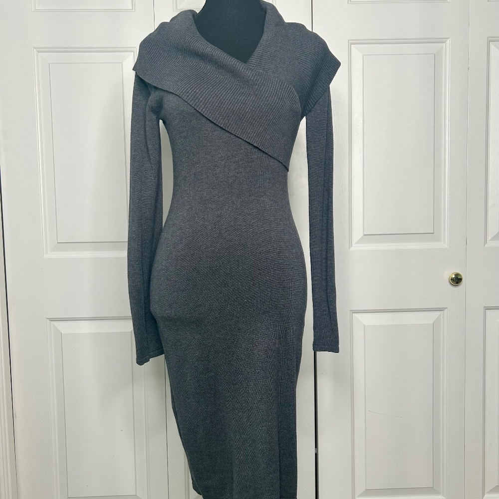 Kenneth Cole Grey Sweater Dress with Asymmetrical Cowl Neckline Size Small